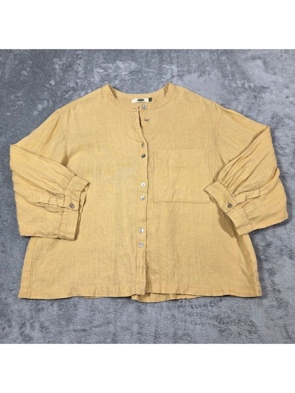 Dolma Top Womens Large Yellow Gold Linen Boxy Lagenlook Boho Beachy Button Up
